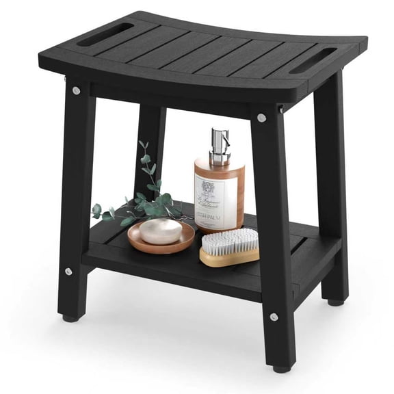 Bekvem Waterproof HDPE Shower Bench with Handle, Shelf and Adjustable Feet, Black, Small