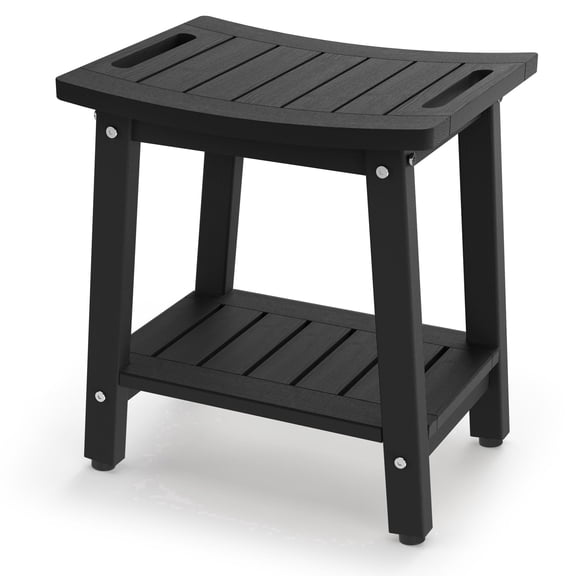 Bekvem Waterproof HDPE Shower Bench with Handle, Shelf and Adjustable Feet, Black, Small