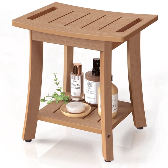 Bekvem Waterproof Poly Lumber Shower Stool with Storage Shelf, Brown, Small, 350 lb Limit