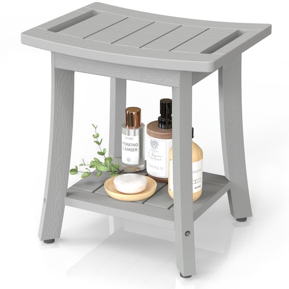 Bekvem Waterproof Poly Lumber Shower Stool with Storage Shelf, Gray, Small, 350 lb Limit