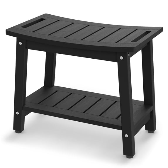 Bekvem Waterproof HDPE Shower Bench with Handle, Shelf and Adjustable Feet, Black, Large