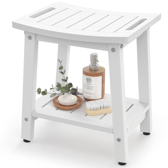 Bekvem Waterproof HDPE Shower Bench with Handle, Shelf and Adjustable Feet, White, Small