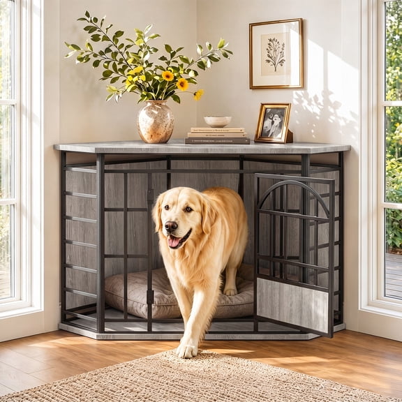Bel Ark 52" Corner Dog Crate Furniture,Heavy Duty Dog Kennel Furniture for Large Dogs,Pet House End Table TV Stand,Gray