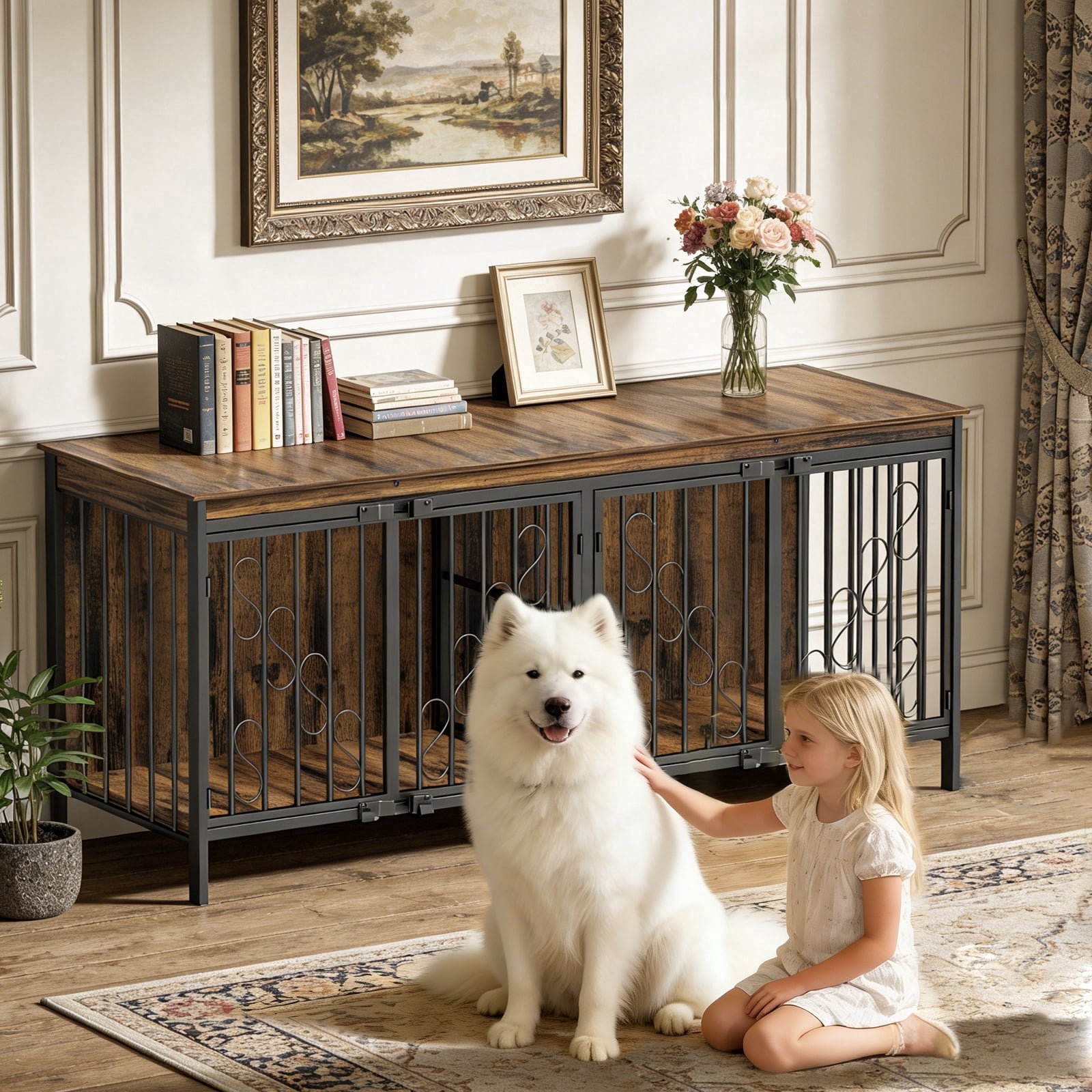 Bel Ark Heavy Duty 2-Door 71" Wood and Metal Furniture Style Crate for Dogs with 2 Dog Crate