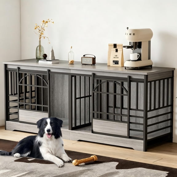 Bel Ark 78" Wooden Double Dog Crate Furniture, Indoor Pet Kennel with Sliding Doors, Gray