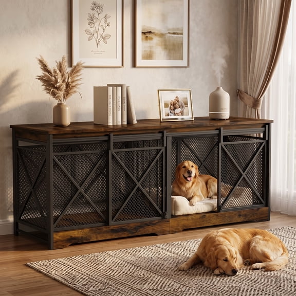Bel Ark 78" Double Dog Crate Furniture, Extra Large Wooden Kennel with Sliding Doors, Brown