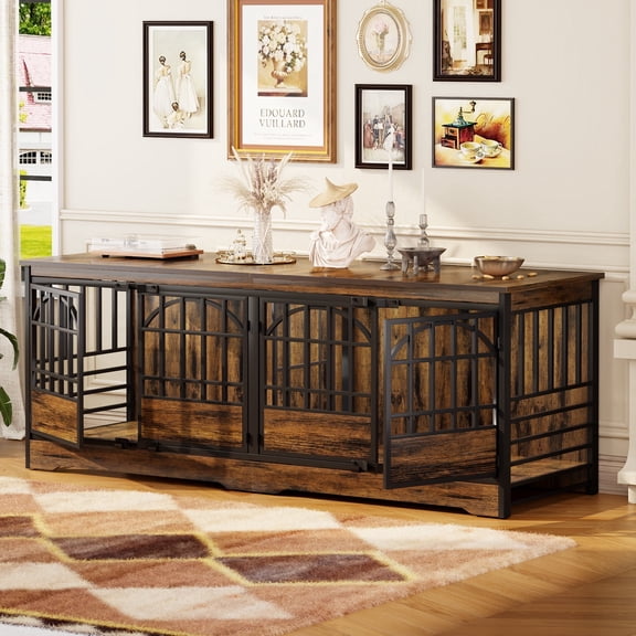Bel Ark 86 inch Double Dog Crate Furniture for 2 Large Dogs Heavy Duty Double Dog Crates Furniture Indoor as TV Stand, Large Brown