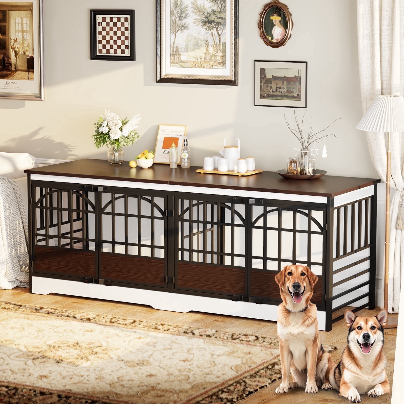 Bel Ark 86 inch Double Dog Crate Furniture for 2 Large Dogs Heavy Duty Double Dog Crates Furniture Indoor as TV Stand,Large White