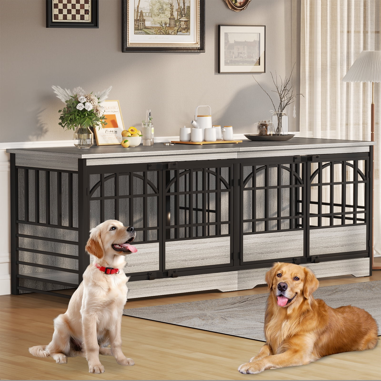 Bel Ark 86 inch Double Dog Crate Furniture for 2 Large Dogs Heavy Duty Double Dog Crates Furniture Indoor as TV Stand,Large Gray