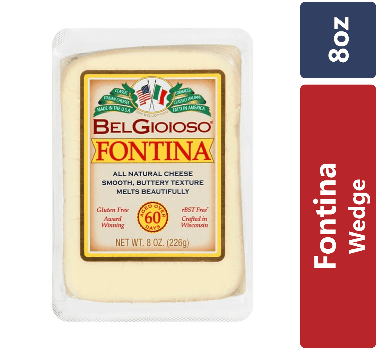 BelGioioso Fontina Cheese Wedge 8oz, Specialty Hard Cheese, Refrigerated Plastic Packet