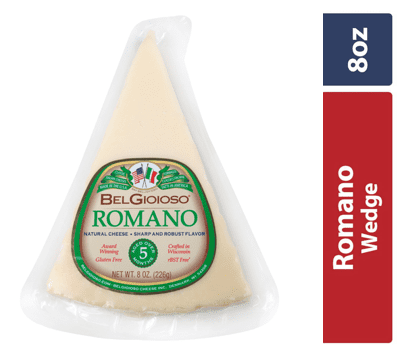 BelGioioso Romano Cheese Wedge, Specialty Hard Cheese, 8 oz Refrigerated Plastic Packet