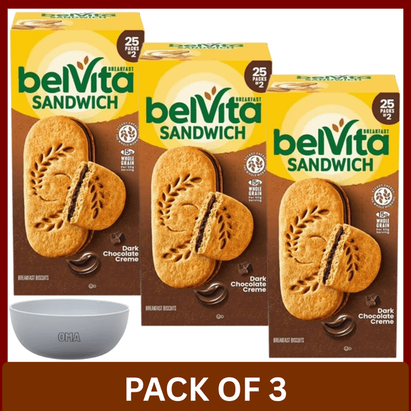 BelVita Dark Chocolate Creme Breakfast Biscuits 25 ct (Pack of 3) with Free Serving Bowl by OMA