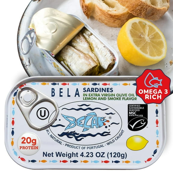 Bela Lightly Smoked Sardines in Organic KKS1Lemon Flavored Extra Virgin Olive Oil