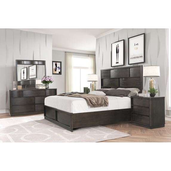 Belani Wood Panel Bed Set, King Bed, Dresser, Mirror, Nightstand, Chest, Espresso
