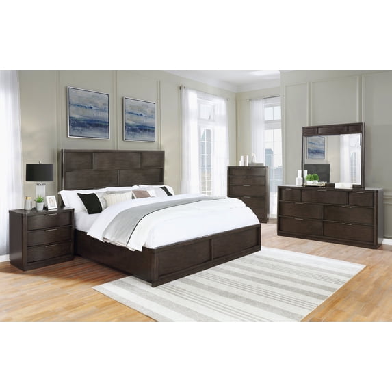 Belani Wood Panel Bed Set, Queen Bed, Dresser, Mirror, Nightstand, Chest, Espresso