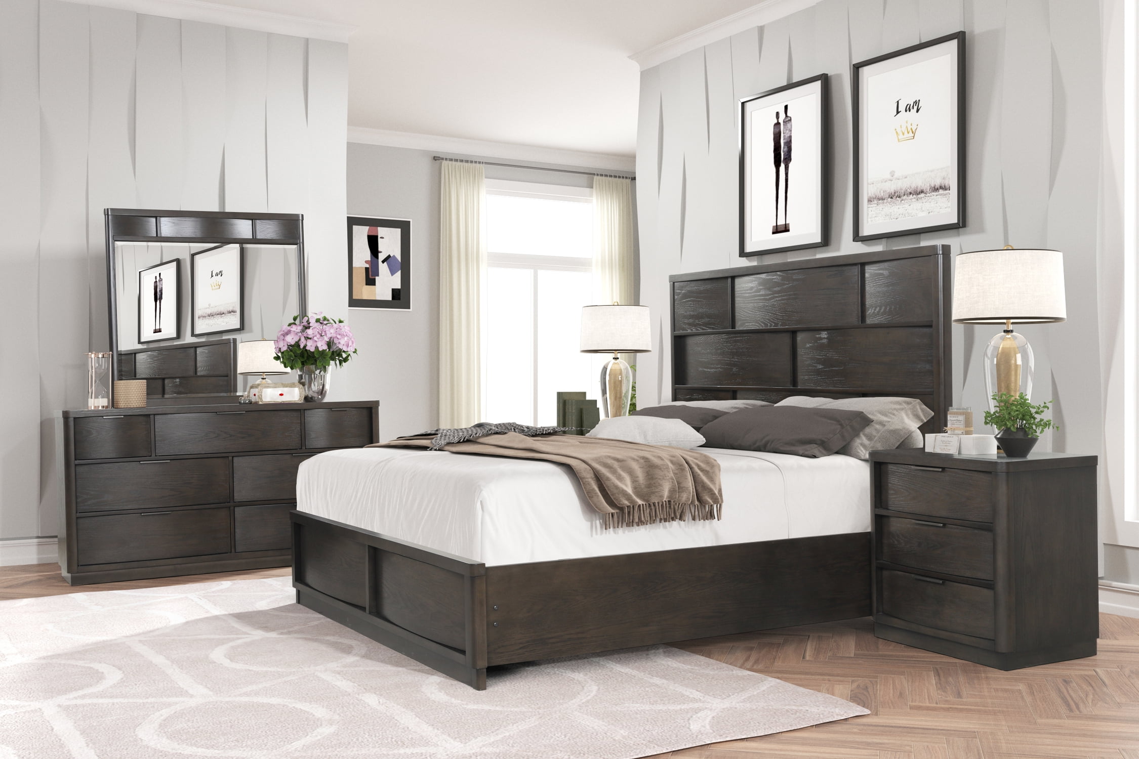 Belani Wood Panel Bed Set, Queen Bed, Dresser, Mirror, and Nightstand