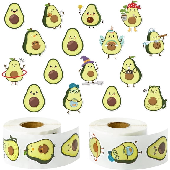 Belanttega 1000pcs in 2 Rolls Cartoon Avocado Sticker Rolls 16 Design Cute Avocado Decorative Decals Self Adhesive Sticker for Scrapbooks, Notebooks, Cups, Phones Party Gift Filled Supplies