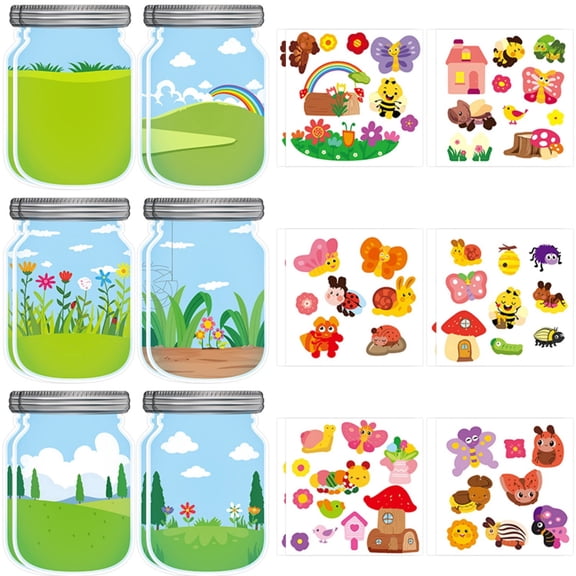 Belanttega 12Pcs DIY Spring Insect Jar Scene Stickers for Wall Decor Make Your Own Insect Themed Nature Scenes Spring Ambiance Self-Adhesive Decals