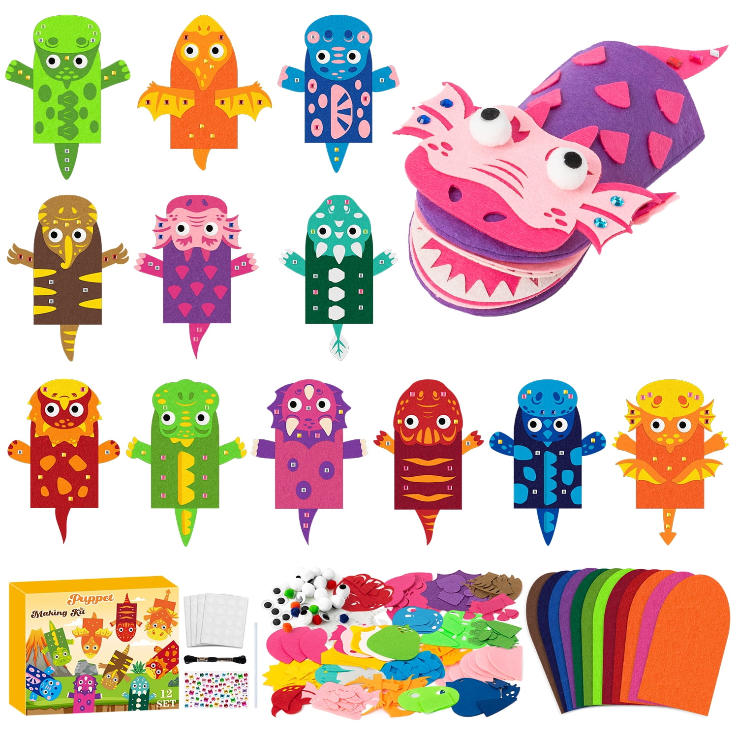 Belanttega 12Pcs Dinosaurs Puppet Making Kit Googly Eyes Rhinestone Stickers DIY Dino Animals Hand Puppet Material School Classroom Activities Supplies Family Interactive Kit