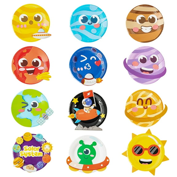 Belanttega 12Pcs Planet Paper Plate Art Kit - Solar System Crafts for Beginner DIY Space Activity for Preschool Classroom, Birthday Party, Family Interactive Kit