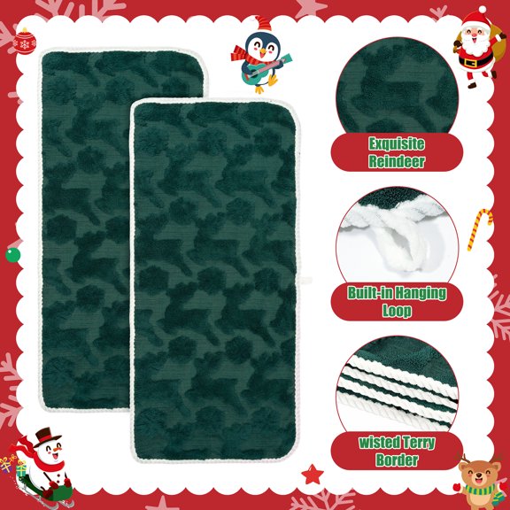 Belanttega 2 Pack Elk Pattern Coral Fleece Towel Hand Towels Winter Christmas Tree Green Bathroom Decor Towels Set for Drying, Cleaning, Cooking, Holiday Festive Atmosphere Decoration for Bed Sofa