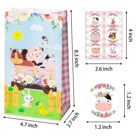 Belanttega 24Pcs Animals Floral Farm Party Favor Bags Gift Wrapping Pink Flower Goodie Treat Bags Animals Theme Candy Bags Birthday Party Paper Bags Farm Party Dessert Bags with Stickers for Girls