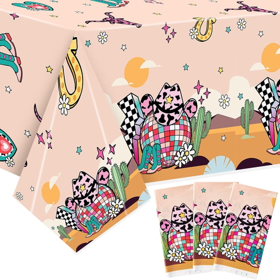 Belanttega 3 Pcs Vintage Hippie Cowboy Tablecloth Set Disposable Plastic Table Covers Protect Tabletop For 90s 70s-Themed Parties, Cowboy Celebrations, Boho Gatherings