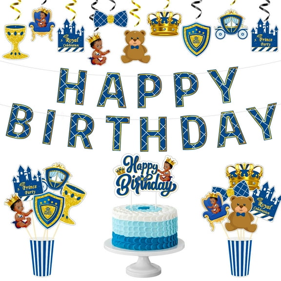 Belanttega 42Pcs Royal Prince Theme Party Decor for Baby Boy African American Little Prince Happy Birthday Banner Cake Topper Hanging Swirls Centerpieces Sticks for Blue and Gold Baby Shower Birthday