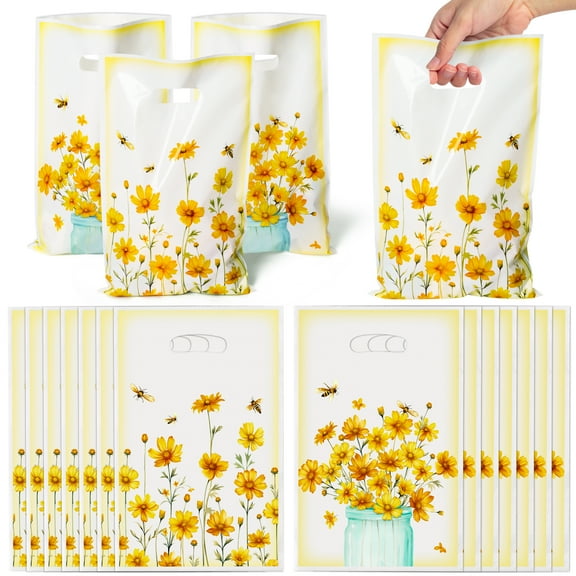 Belanttega 50Pcs Summer Floral Daisy Goodie Candy Treat Gifts Bags, Yellow Flowers Daisy and Bees Themed Party Decorations for Adults Birthday Baby Shower Garden Events Supplies