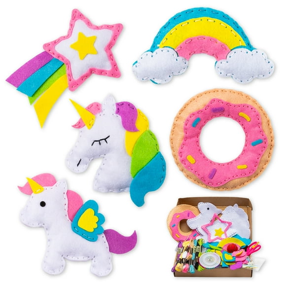 Belanttega 5Pcs Unicorn Sewing Kit For Craft Beginner Donut Rainbow Cloud Shooting Star DIY Art Material Set Felt Handmade Kits Family Interactive School Project Supplies
