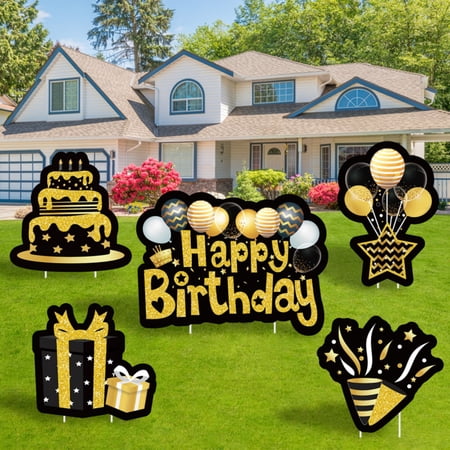 Belanttega 5pcs Black Gold Birthday Garden Signs Set - HAPPY BIRTHDAY Decoration for Anniversary, Party Favor, Glamorous Backyard Courtyard Decoration Lawn Decor Sign Photo Booth Props