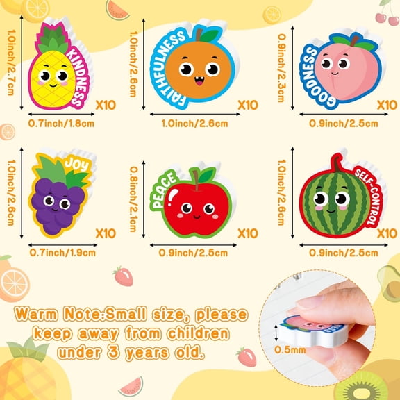 Belanttega 60-Piece Fruit Shaped Eraser Set - Cute Watermelon Peach Stationery with Inspirational Words, Student Gift, Party Favor, Teacher Reward