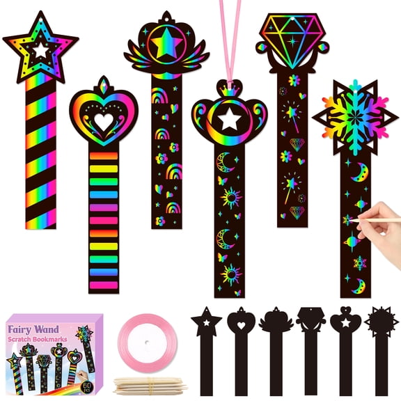 Belanttega 60Pcs Fairy Wand Scratch Bookmarks Stick Art Kit for Girls Make Your Own Magic Rainbow Snowflake Bookmark Stick for Craft Activity