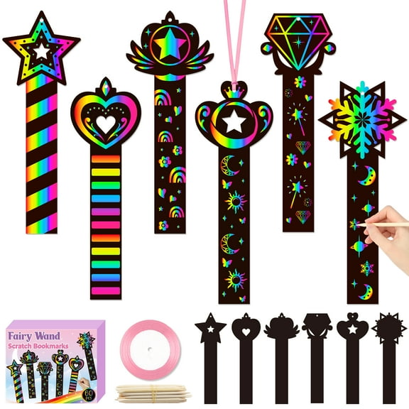 Belanttega 60PCS Fairy Wand Scratch Bookmarks Stick Scratch Paper Art Kit for Girls, Make Your Own Magic Rainbow Bookmark, Princess Stick DIY Rainbow Crafts Ornaments for Birthday Party