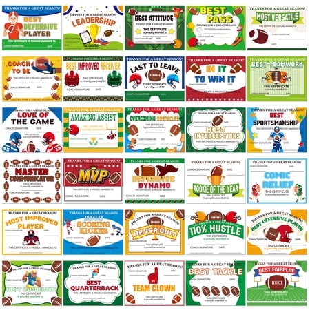 Belanttega 60pcs Rugby Achievement Award Certificate Set Best Player – Customizable Football Honor Certificates for Youth/adult Leagues, Schools, and Sport Clubs Family Class Reward Gift Supplies