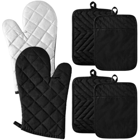Belanttega 6Pcs Black Cotton Oven Mitts with Hot Pad Machine Washable Gloves with Hanging Loop for Kitchen Oven Baking Cooking Supplies Placemat Pot Holder