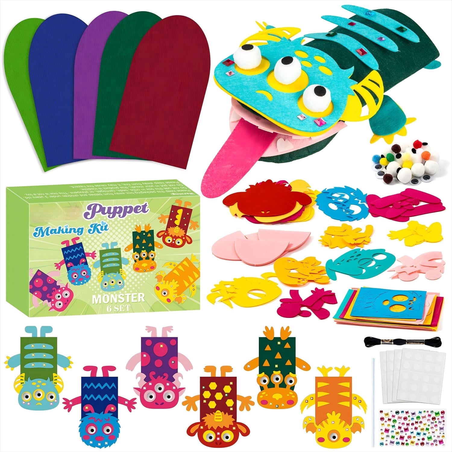Belanttega 6 Sets Monster Hand Puppet Making Kit - Create Your Own Felt Sock Puppet with DIY Materials for Beginner, Creative Gift Supplies