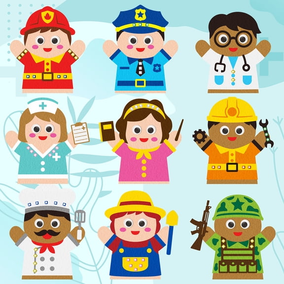 Belanttega 9Pcs Career Hand Puppet Making Kit with Firefighter Nurse Felt Patterns, Adhesive Dots, Rhinestone, Mixed Pom Poms DIY Craft for Beginners