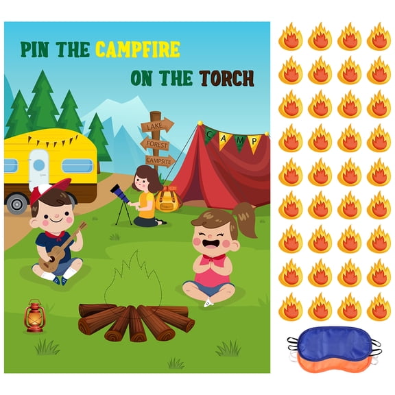 Belanttega Camping Blindfold Game Poster Sensory Experience Party Supplies PIN THE CAMPFIRE ONE THE TORCH Fun Icebreaker for Campfire, Backyard Outdoor Party