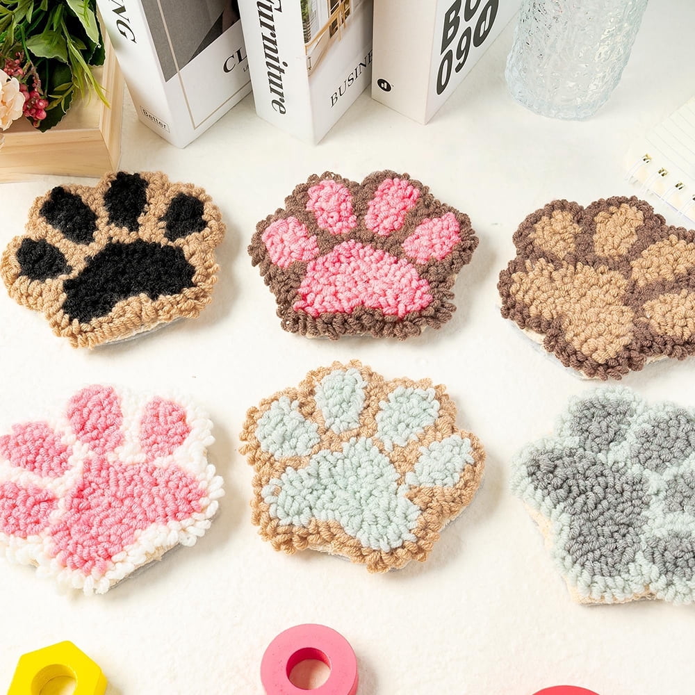 Belanttega Cat Paw Pattern Craft Punch Needle Kit Handmade Coaster Kits for DIY Art Craft Beginners Felt Yarns Embroidery Hoop with Instructions Ideal Gift for Desktop Decoration And Heat Insulation