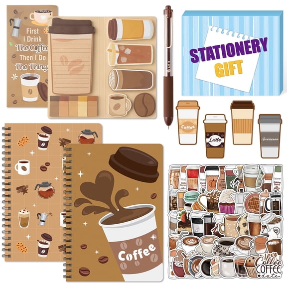 Belanttega Coffee Theme Coil A5 Notebook Gift Box Set - Creative Office Stationery with Sticky Note, Bookmarks Daily Memo Pads for Coffee Lovers