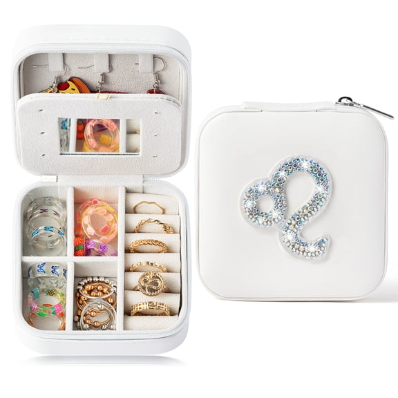 Belanttega Constellation Leo Theme White Mini Jewelry Box Portable Travel Zipper Storage Box for Sorting Rings, Earrings, Necklaces Birthday Gift for Girls Women Jewelry Boxes