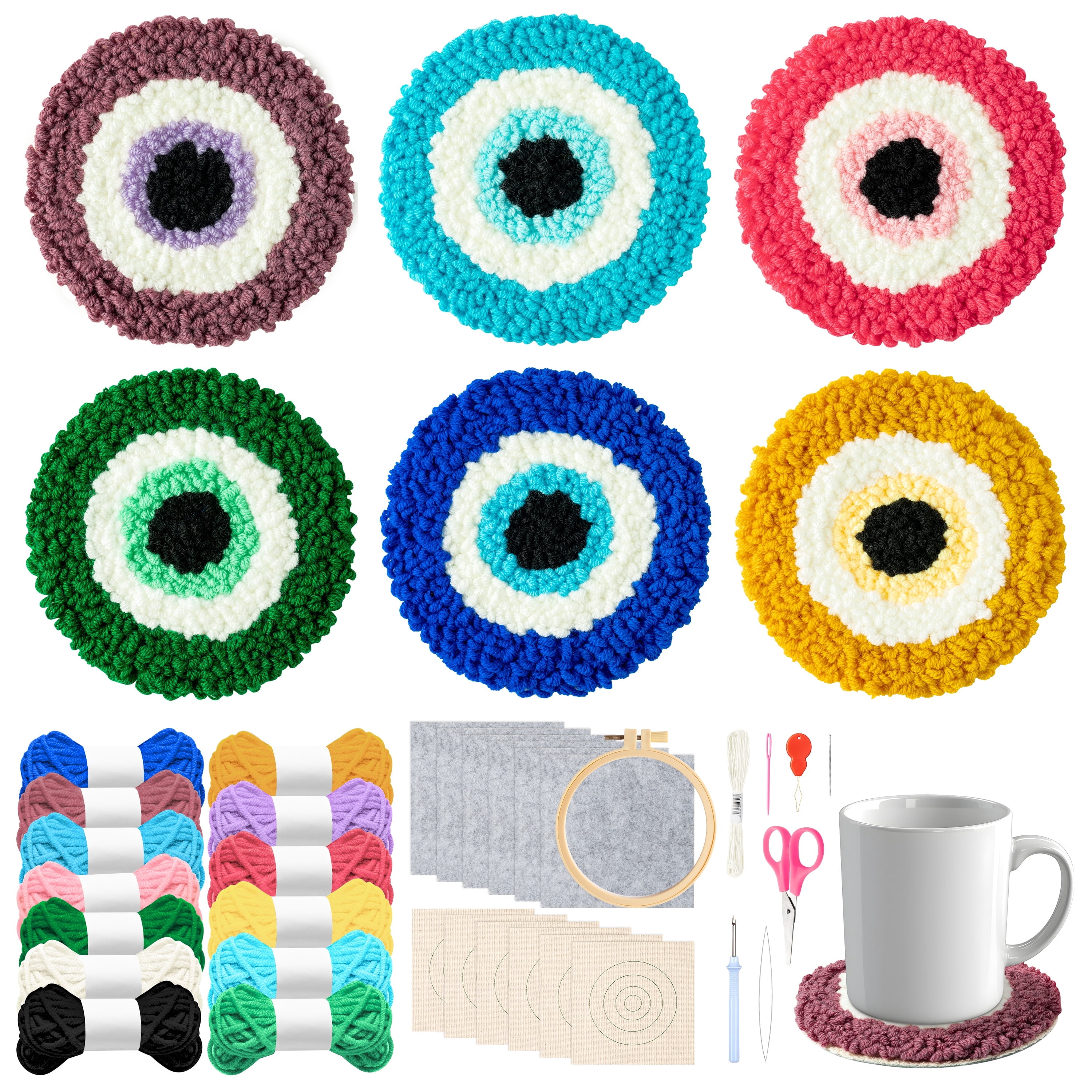 Belanttega Devil Eye Punch Needle Coaster Kit - 22Pcs Art Work Decor Craft Supplies Kits for Beginners, DIY Set of 6 Pattern Tufted Rug Pads with Adhesive Felt Yarns Embroidery Hoop Instruction Gifts