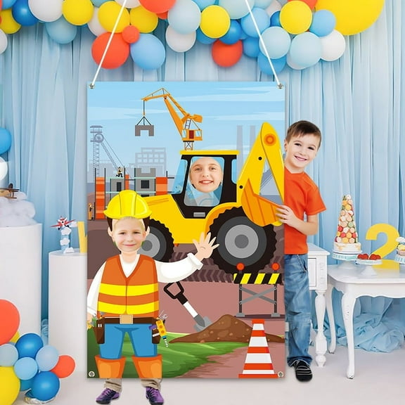 Belanttega Digger Face Banner Excavator Face Cutout Poster - Construction Theme Face Frame Photo Booth Prop for Birthday Parties, Graduation, Boys' Events & Group Photos