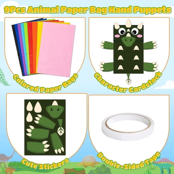 Belanttega Dinosaur Paper Puppet Craft Set - 9 Pcs Bags with Stickers Make Your Own Cartoon Dino, Party Activity Family Interactive DIY Handmade