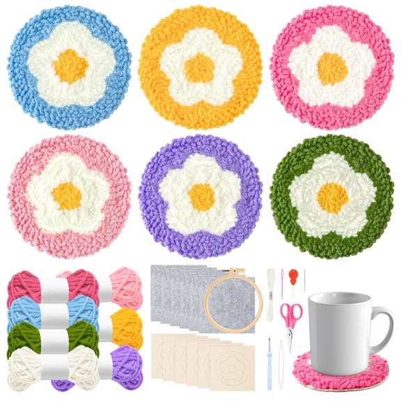 Belanttega Flower Punch Needle Coaster Kit - 22Pcs Art Work Decor Craft Supply for Beginners, DIY Set of 6 Flowers Pattern Tufted Rug Pads with Adhesive Felt Yarns Embroidery Hoop Tools Instruction