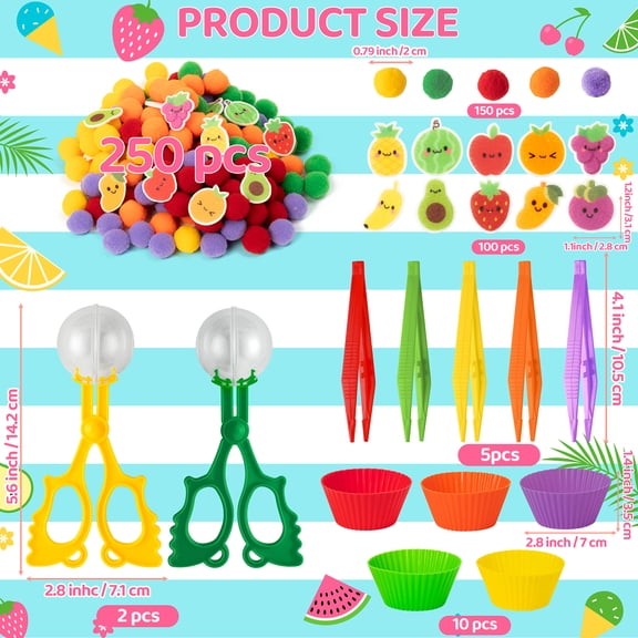 Belanttega Fruit Counting Sorting Sensory Bin Filler Set - Felt Fruits, Pom Poms, Cupcake Cups & Tools for Family Activities, Fine Motor Skills Development