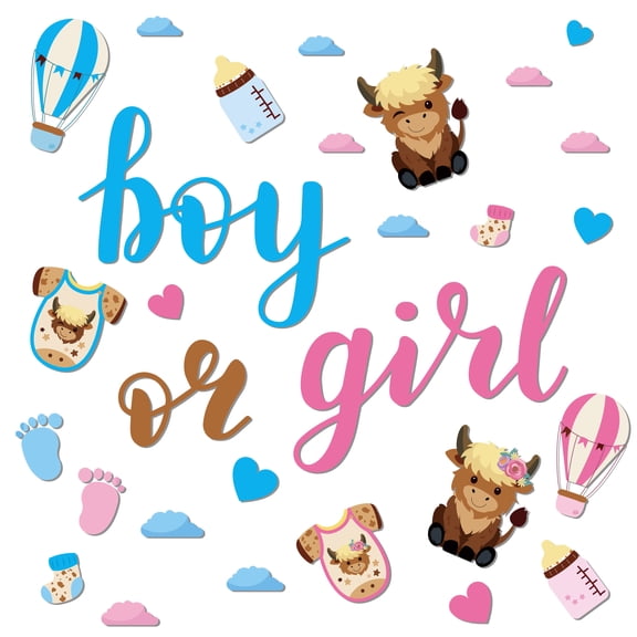 Belanttega Highland Cow-Themed Background Board & Sticker Set Photo Props Background Decoration Wall for Baby Shower Party with It's Boy or Girl Letter Stickers