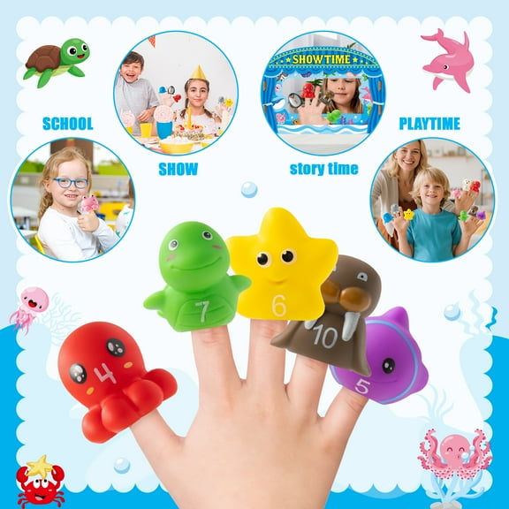 Belanttega Marine Animal Finger Puppets Gift Box Set Seal, Crab, Starfish, Turtle, Penguin, Octopus Sea Animal Characters with Wood Board Stage Art Performance Supplies for School Classroom
