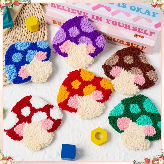 Belanttega Mushroom Theme DIY Punch Needle Coaster Kit - Create 6 Colorful Mushroom Coasters, Complete 22-Piece Craft Set with Hoop, Fabric, Yarn & Tools for Beginners Home Decor Gift